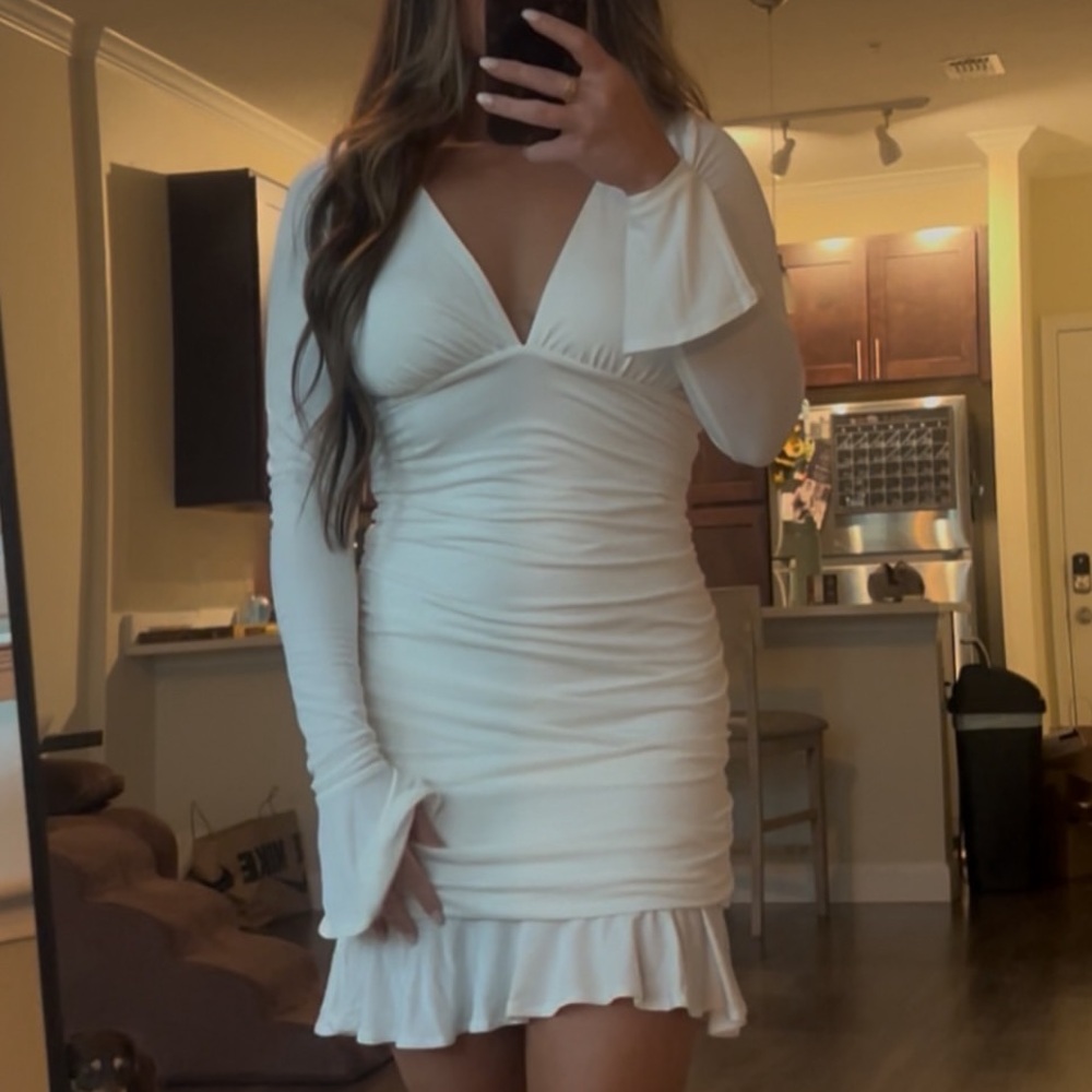 Meshki White Long Sleeve Ruched Dress